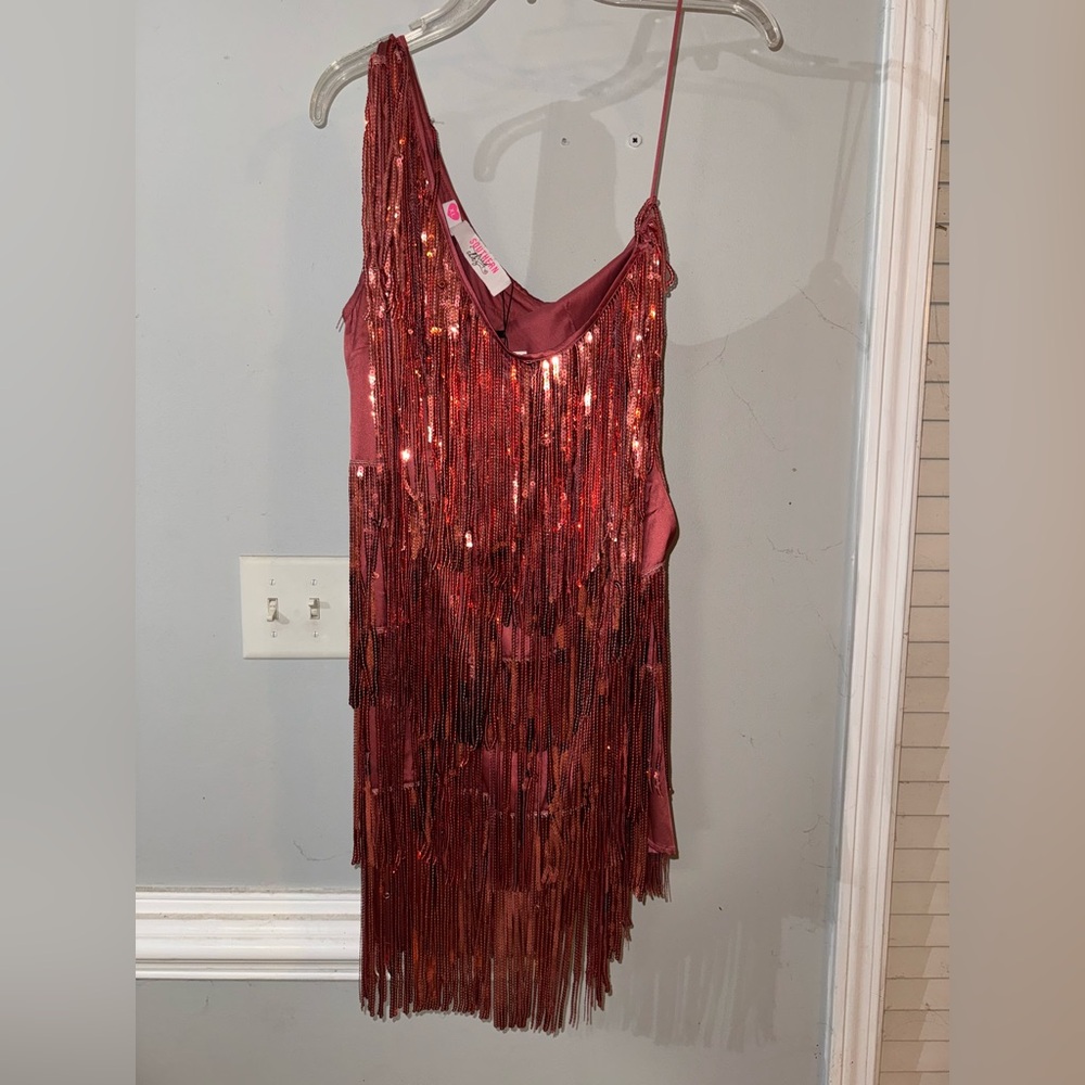 NWT Southern Fried Chics Glamorous One Shoulder Fringe Dress - Rose Pink